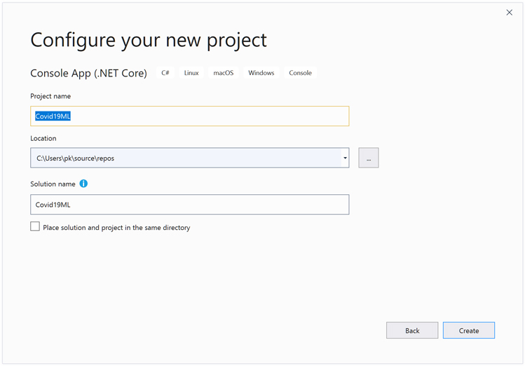 Creating a new project in a console application