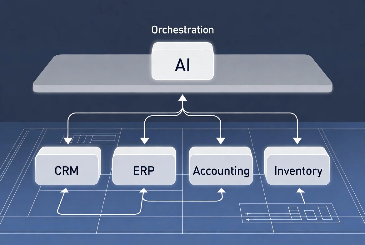 AI orchestration layer connecting CRM, ERP, Accounting, Inventory with bidirectional flows