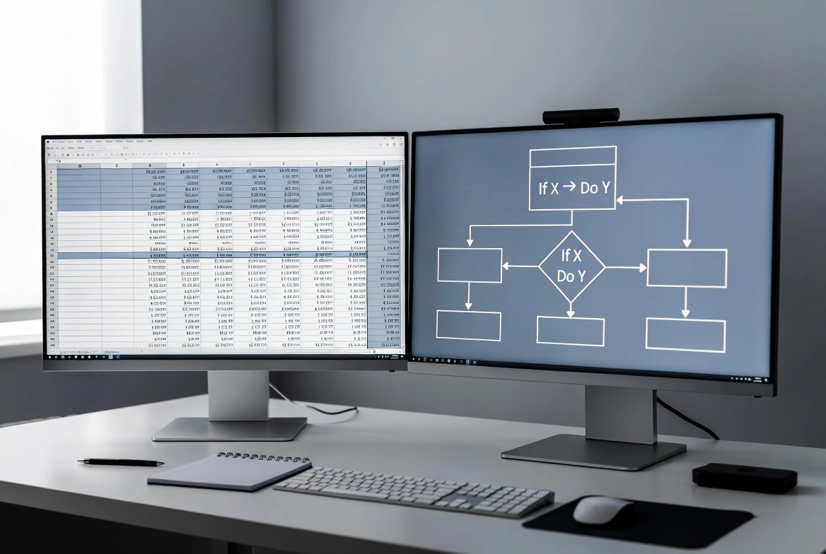 Dual-monitor setup: left — spreadsheet with data, right — flowchart with If → Do Y logic