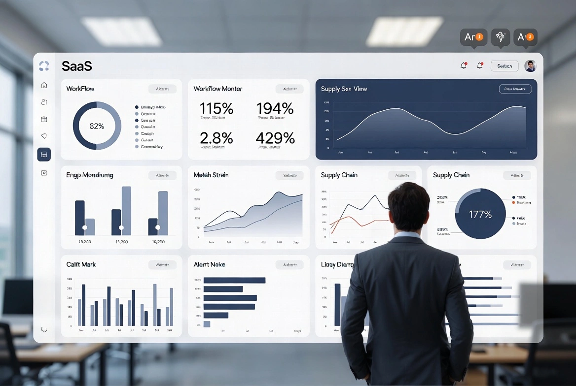 Futuristic SaaS dashboard: circular charts, supply graphs, bars, alerts