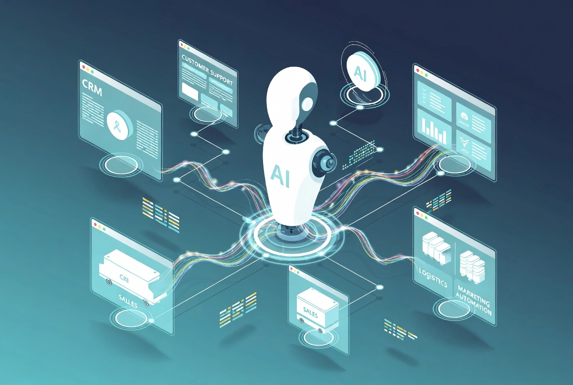 AI robot connected to CRM, sales, logistics and analytics