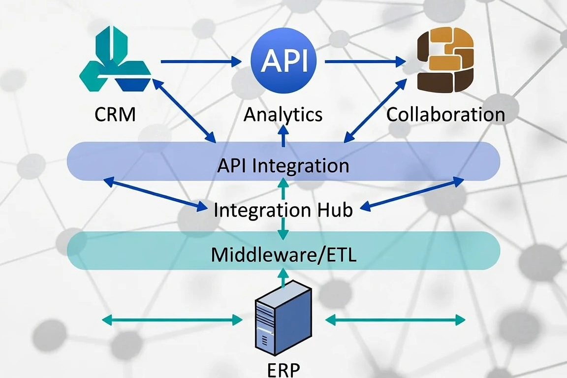 Technical diagram showing API Integration Hub connecting CRM, Analytics, Collaboration, and ERP systems.