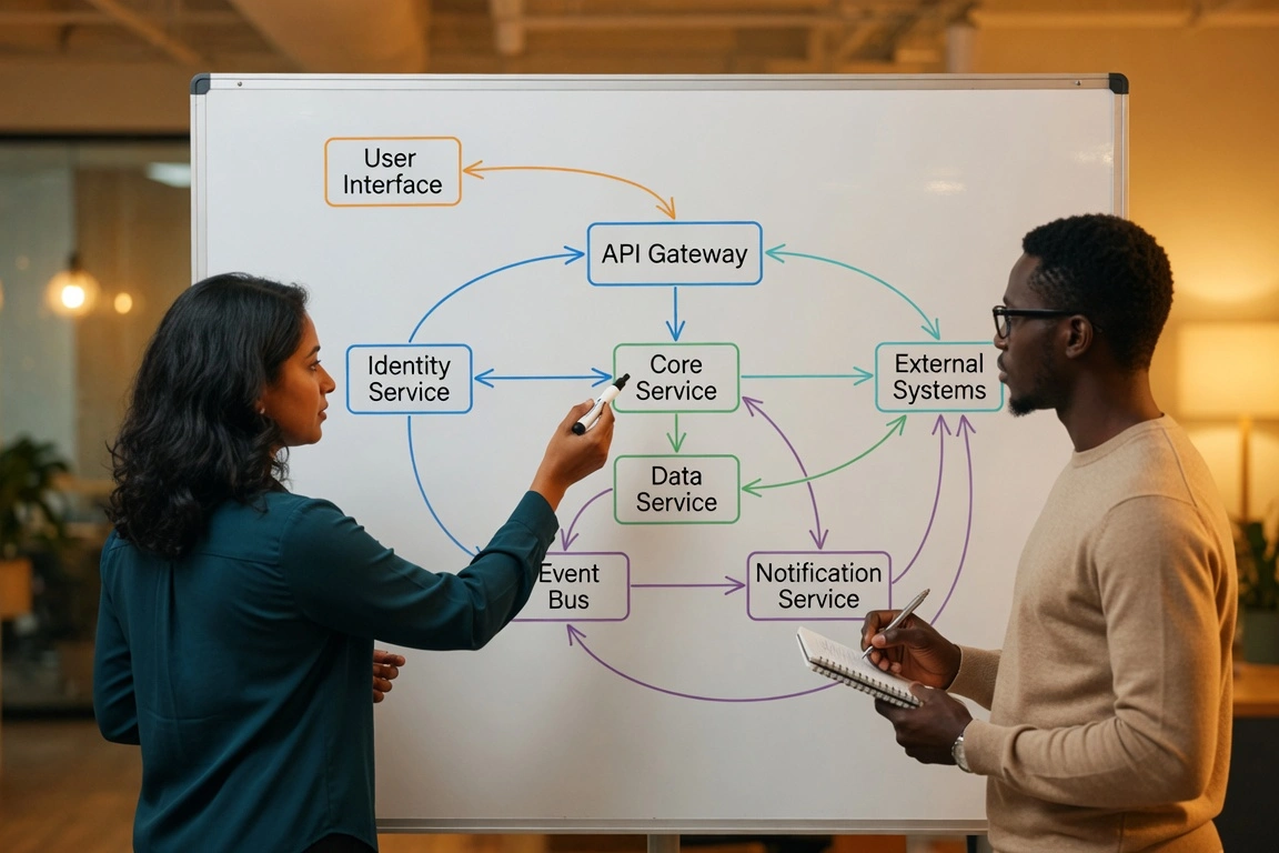 Businesswoman pointing at whiteboard diagram of microservices architecture with API Gateway, Core Service, and data flows.