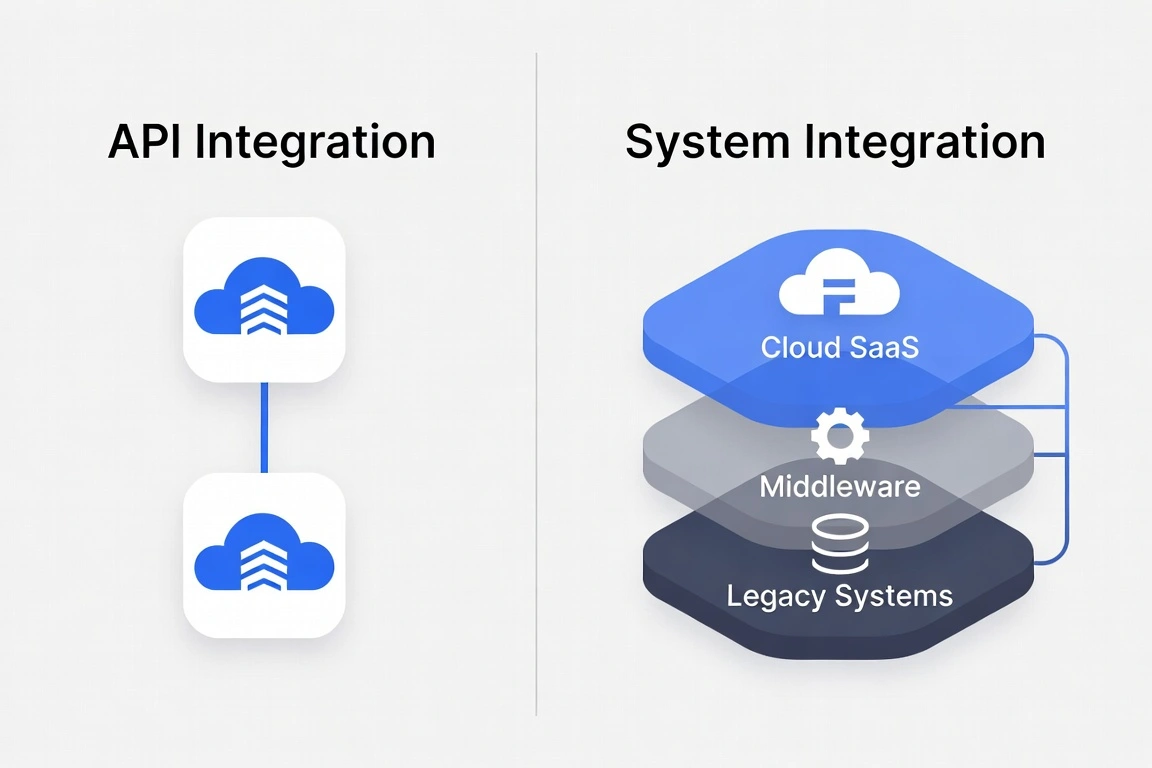 Side-by-side comparison: simple API Integration with cloud icons vs layered System Integration with SaaS, Middleware, Legacy.