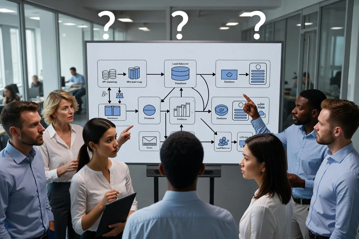 Team analyzing complex system architecture diagram on whiteboard with question marks overhead