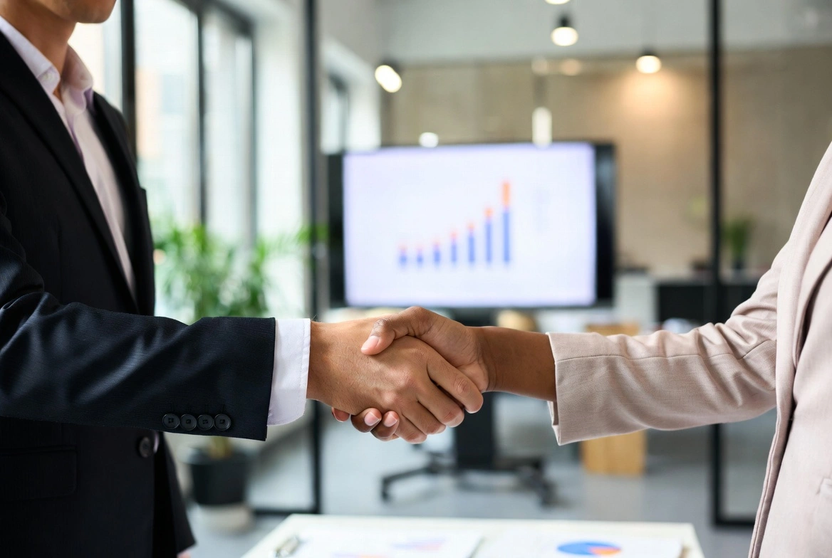 Business handshake with graphs in background