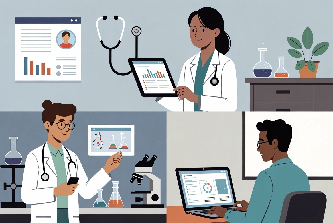 Doctors and scientists with tablets and charts in lab