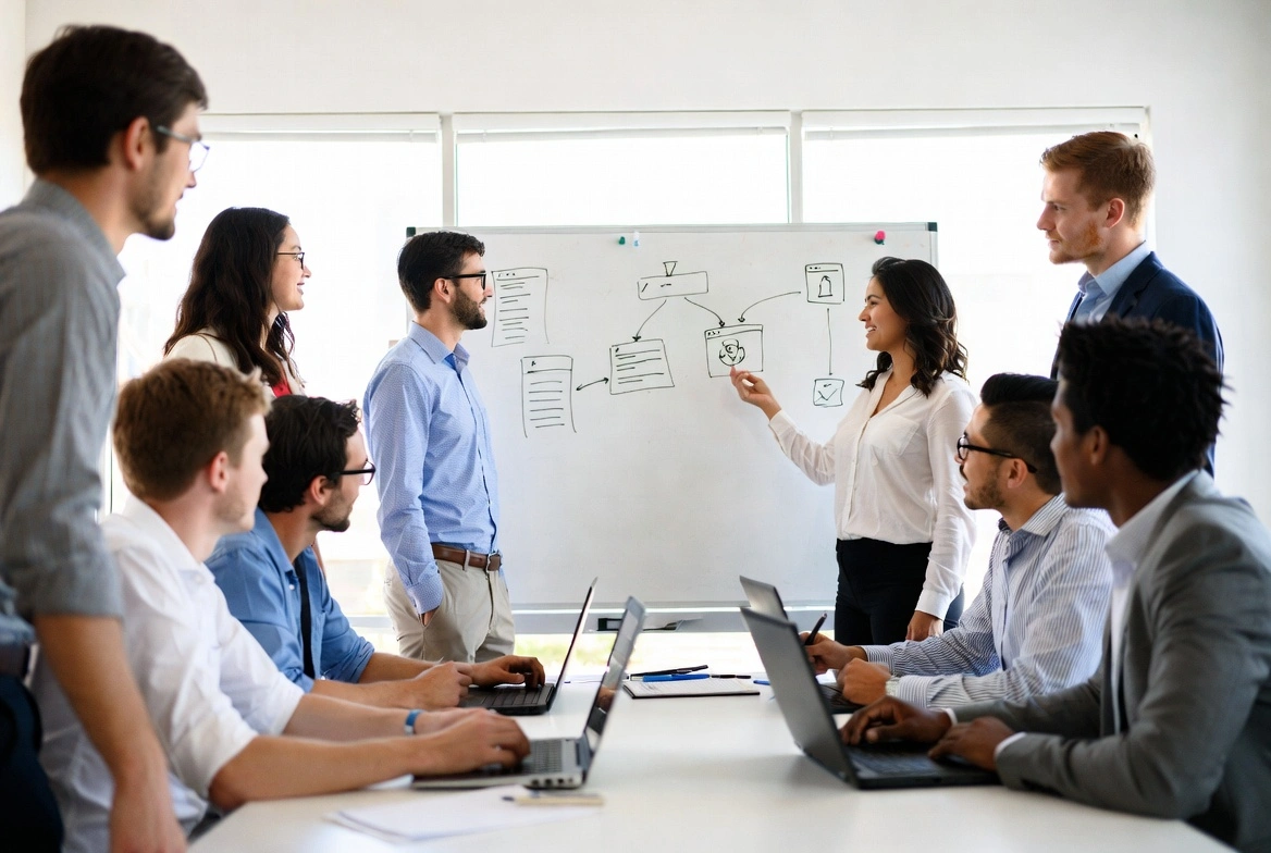 Team brainstorming project on whiteboard with diagrams