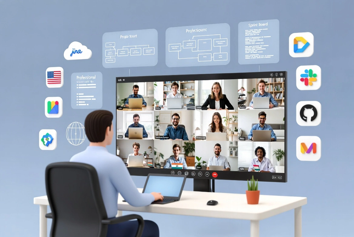 Video conference of team with country flags and Jira tools