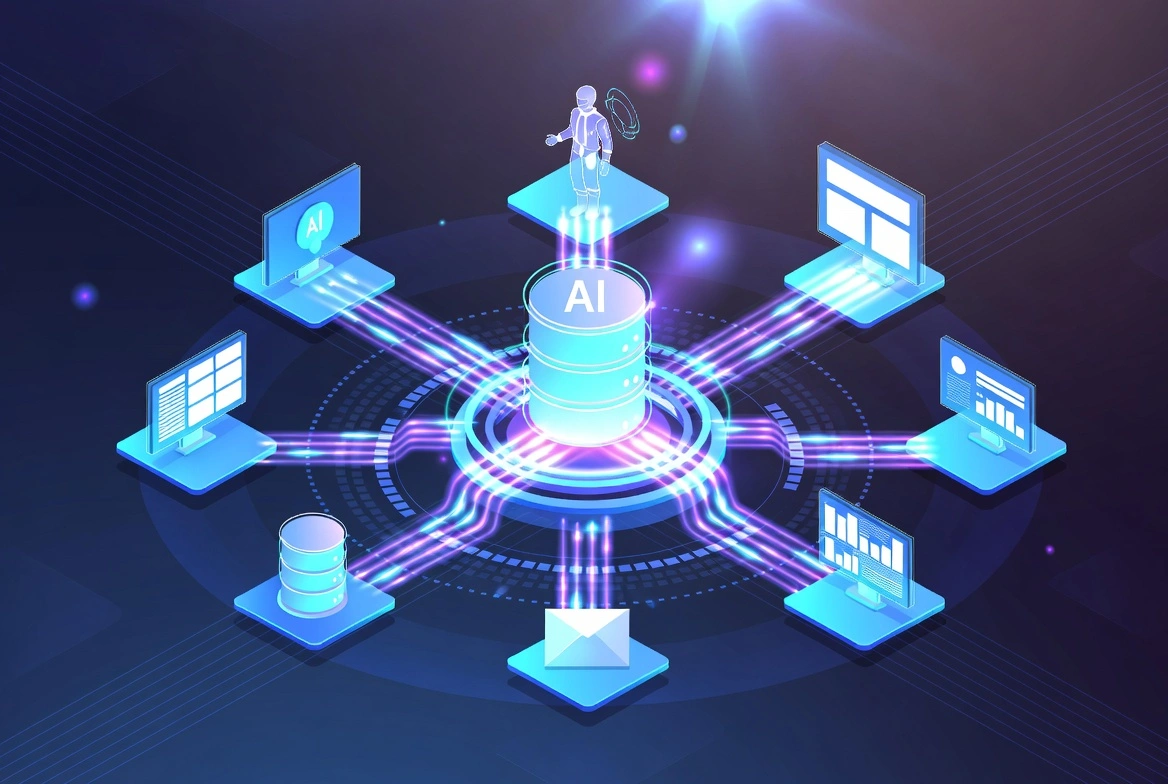 Central AI core connecting multiple business databases with glowing data streams
