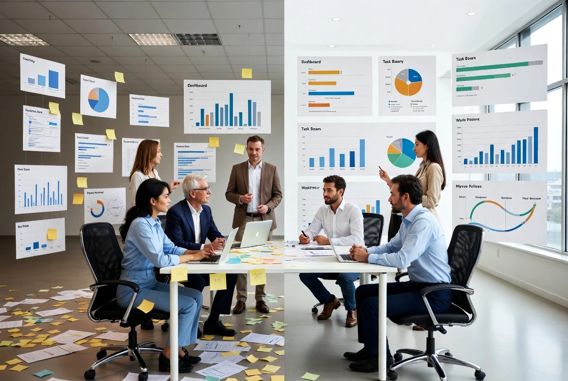 Modern office meeting with team reviewing dashboards, charts and sticky notes in collaborative workspace