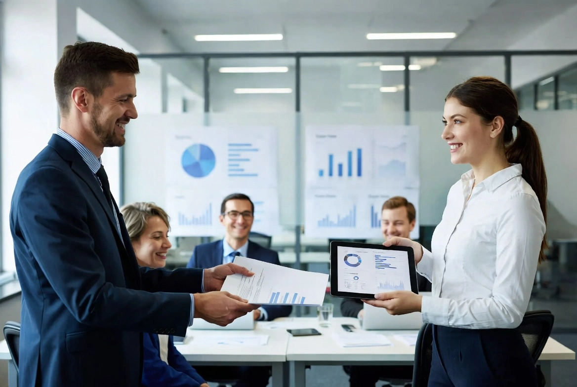 Smiling businessman and businesswoman exchanging documents and tablet with positive charts in office