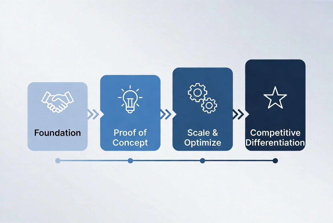 Business process timeline: Foundation, Proof of Concept, Scale & Optimize, Competitive Differentiation
