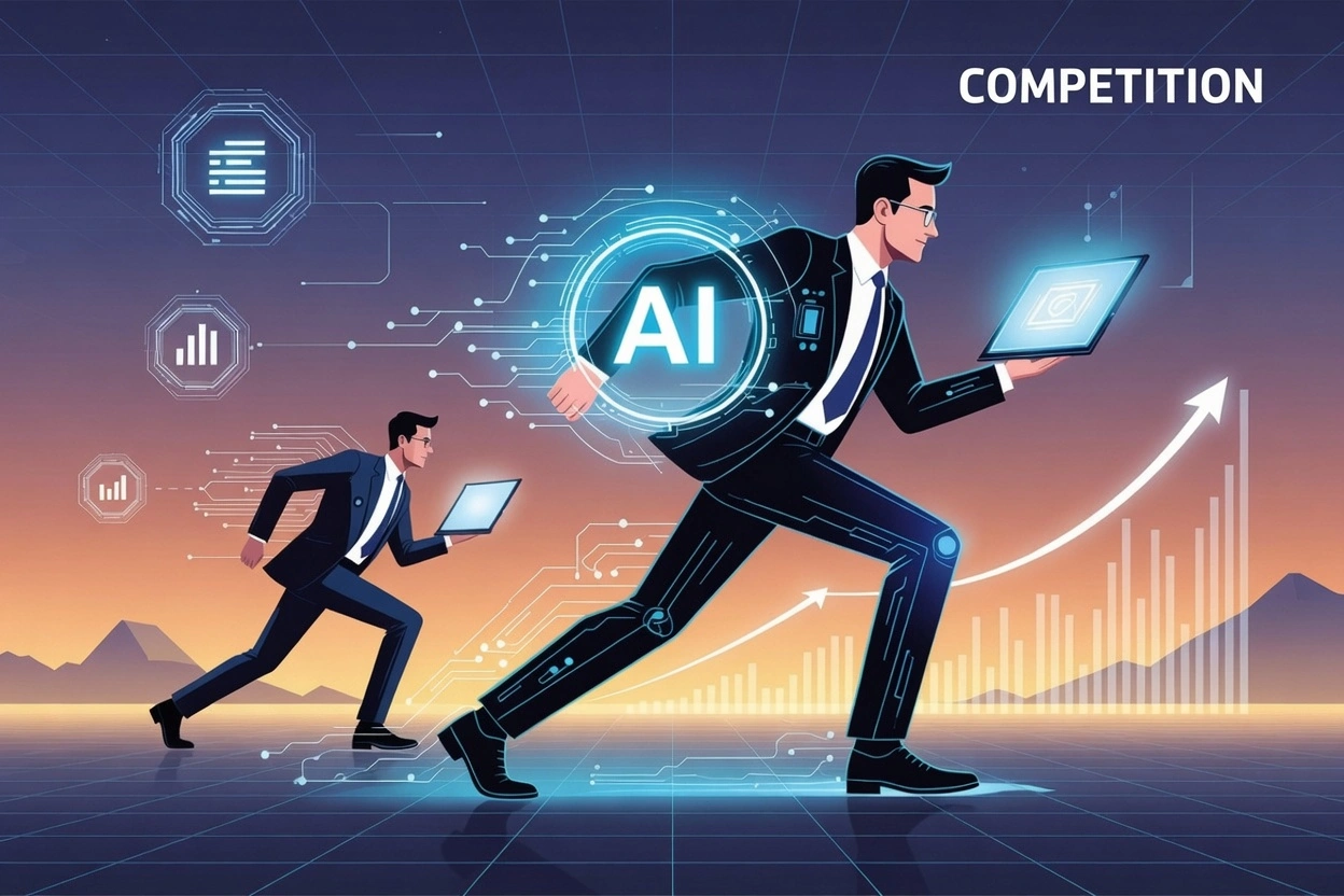 Businessman running with glowing AI shield, leading competition with laptop and growth arrows
