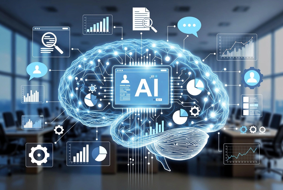 Glowing digital AI brain connected to data charts, documents and analytics icons
