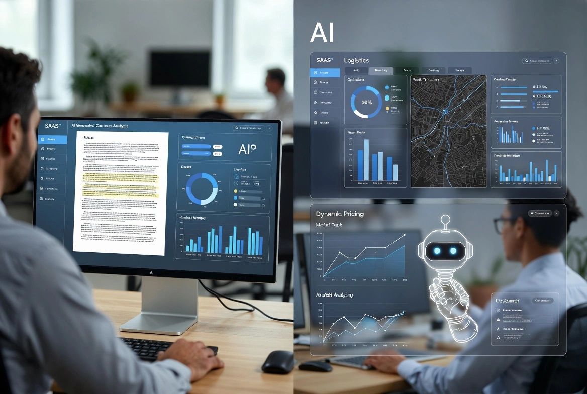 Professional working with advanced AI SaaS dashboard showing analytics, maps and dynamic pricing