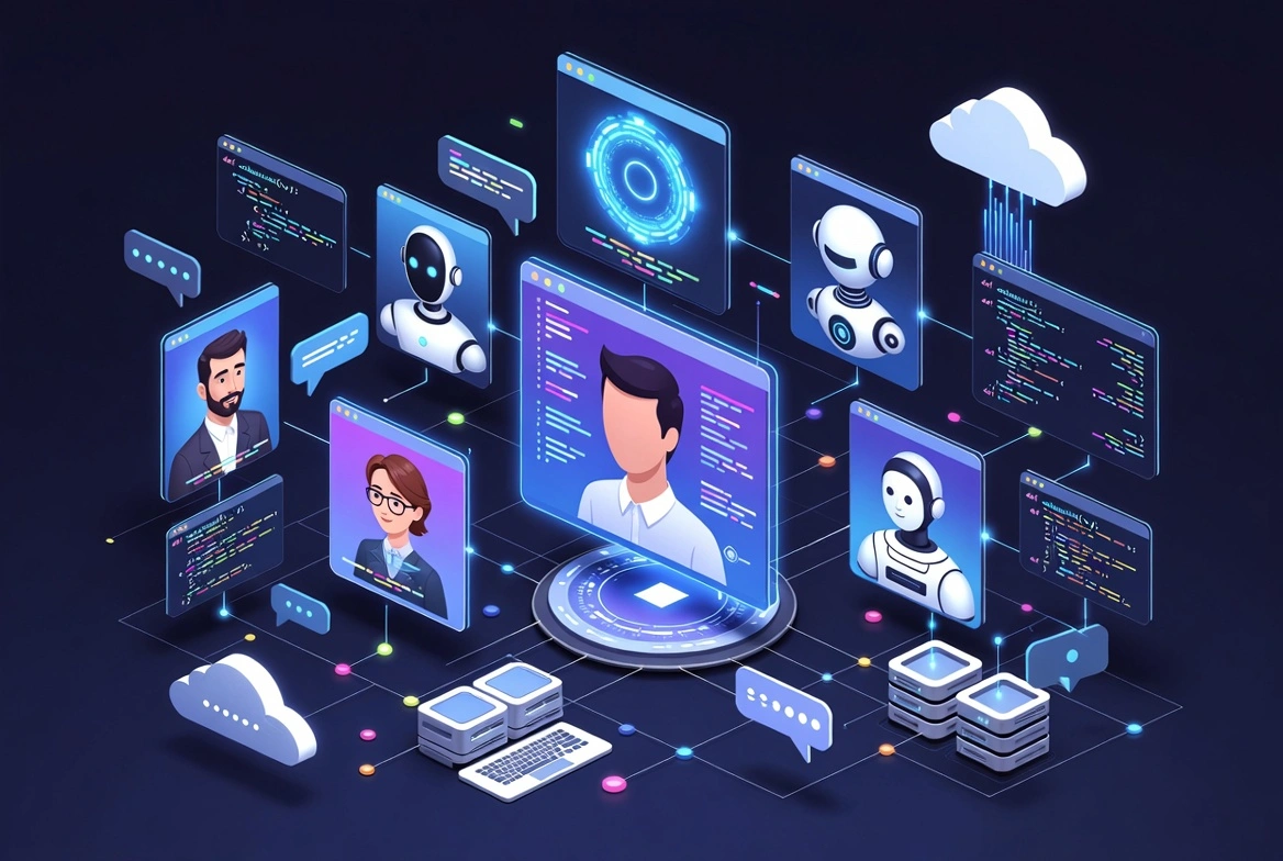 Digital network with AI robots, human avatars, code windows and cloud connections in neon style