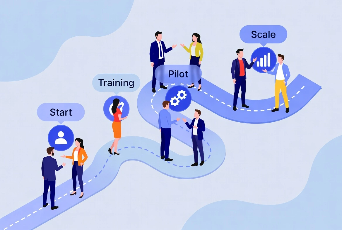 Flat illustration of business process roadmap showing stages: Start, Training, Pilot, Scale