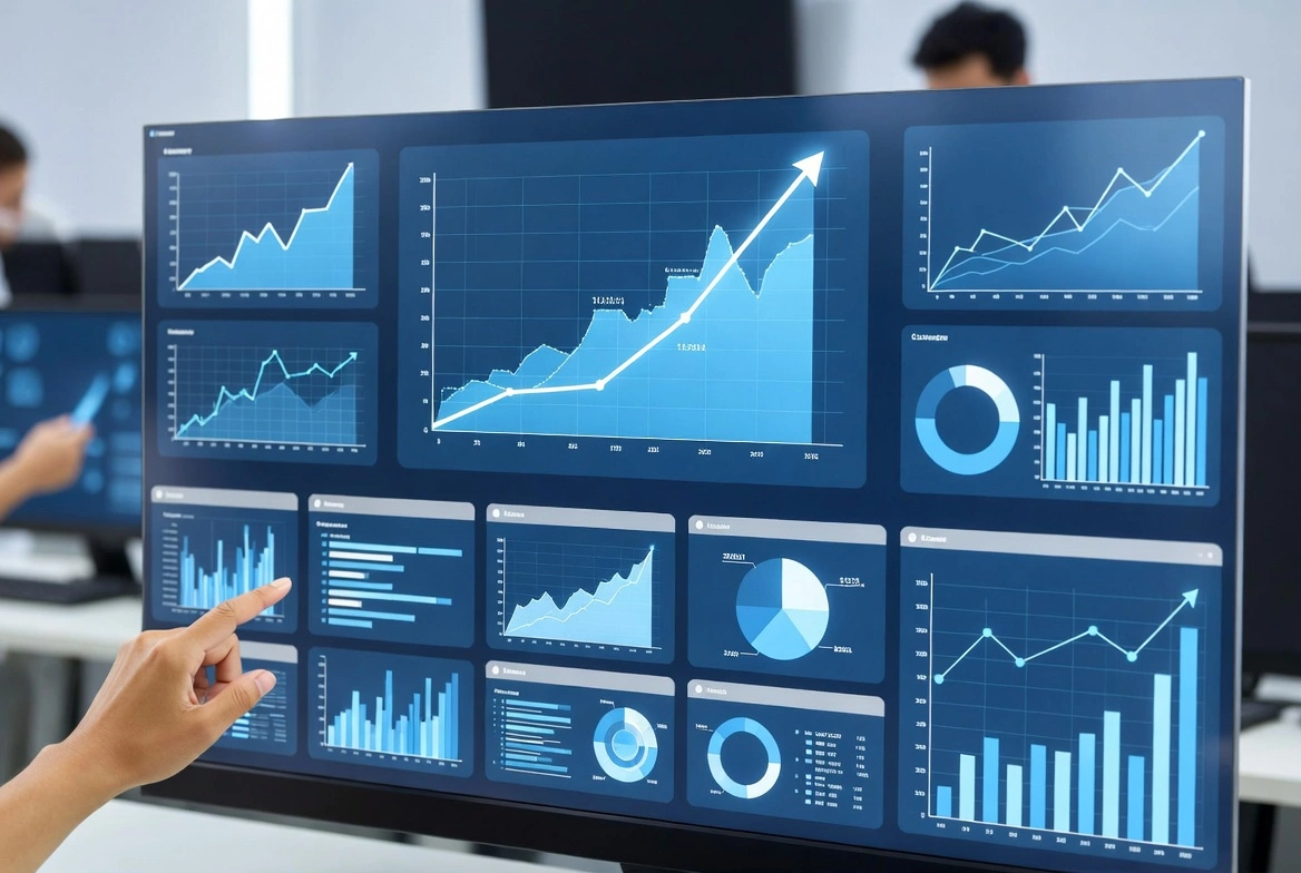 Hand pointing at large monitor displaying multiple blue financial charts and graphs in office