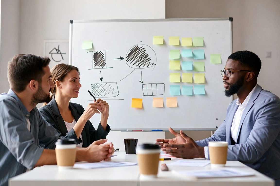 Team of three professionals discussing strategy around table with whiteboard and sticky notes