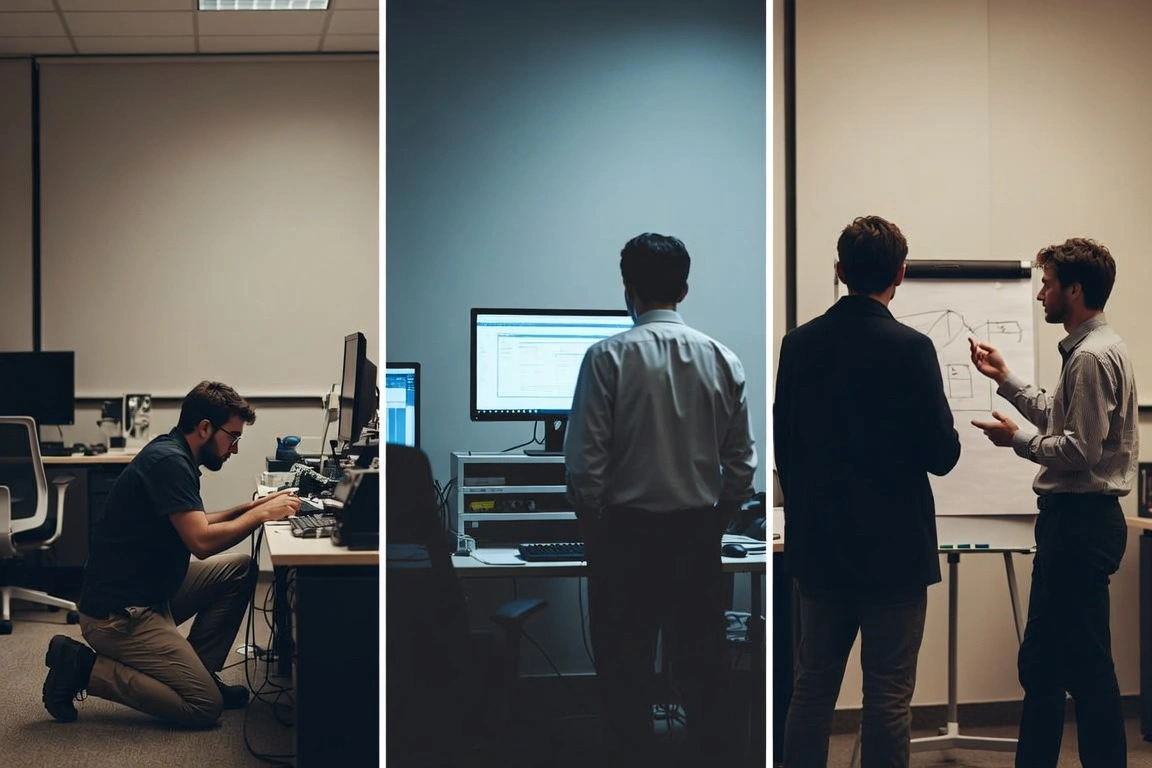 Three office scenes: technician under desk, man at monitor, colleagues discussing whiteboard