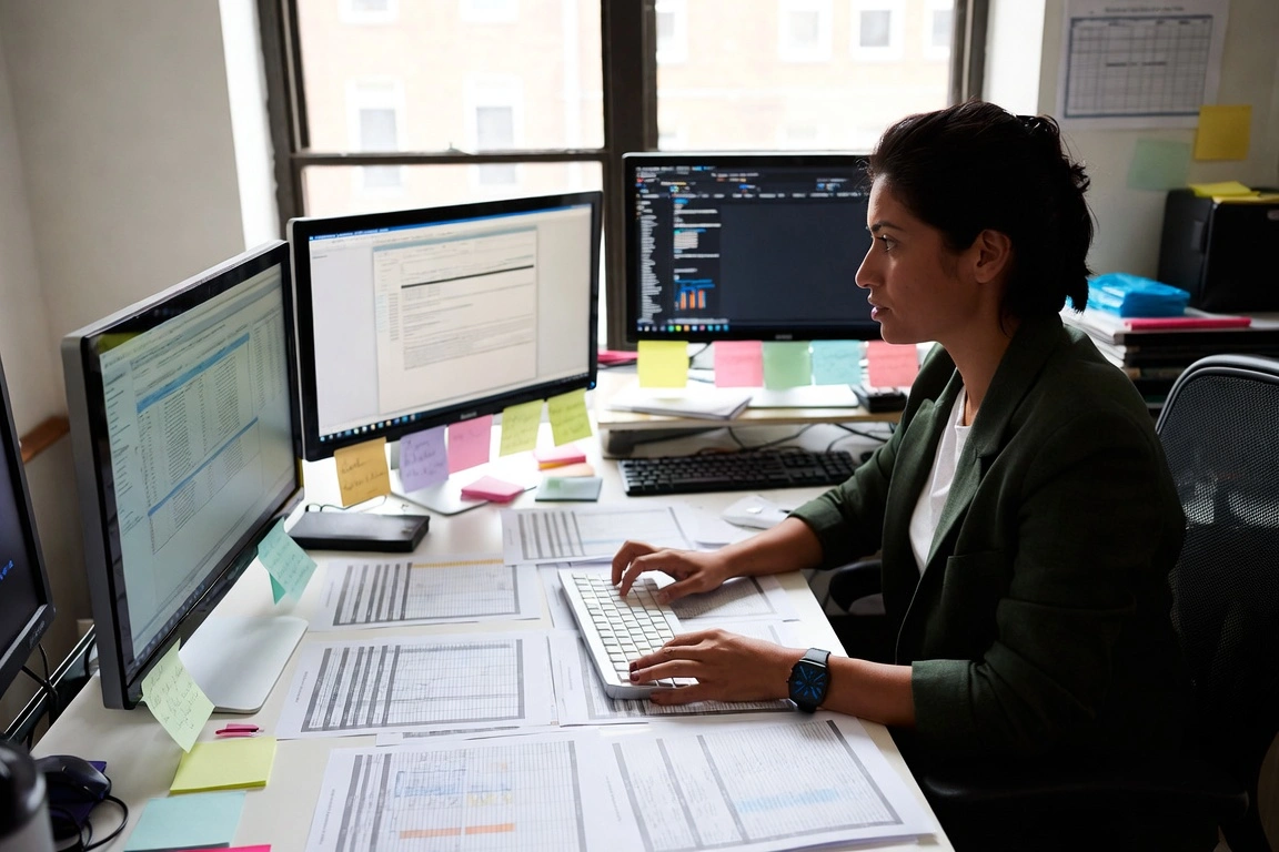 Woman working at multi-monitor desk with papers, sticky notes and documents